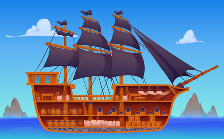 Pirate ship diagram or cross section of corsair sailboat or frigate boat, cartoon vector. Medieval pirate ship cross section cut with deck levels, barrel platforms and sailor cabins or bunkroomsのイラスト素材