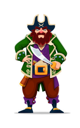 Cartoon pirate and corsair captain ship crew character in tricorn hat. Isolated vector swashbuckling rover personage with beard and mustaches, stands with saber in hand ready for high seas adventuresのイラスト素材