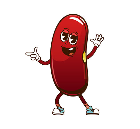 Cartoon funny groovy kidney bean character. Isolated vector red legume seed or nut retro personage with expressive eyes, wearing vintage sneakers, posing with gesturing with fingers exudes funky vibesのイラスト素材