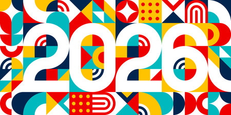 2026 new year banner with Bold white numbers over vibrant geometric background of colorful retro modern patterns in red, yellow, blue and teal. Vector dynamic, festive calendar date for holiday eventsのイラスト素材
