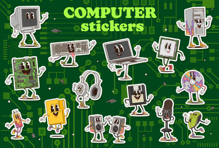 Cartoon groovy computer device characters stickers pack. Vector set of pc hardware and accessories on a circuit board background. Y2k retro laptop, keyboard, monitor, mouse, usb, speakers, floppy diskのイラスト素材