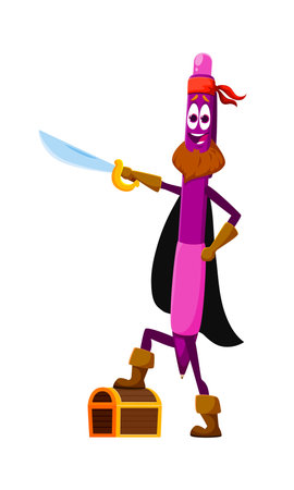 Cartoon pen education school stationery pirate and corsair crew character defending treasure chest. Isolated vector writing tool whimsical bearded swashbuckler captain personage with saber and lootのイラスト素材