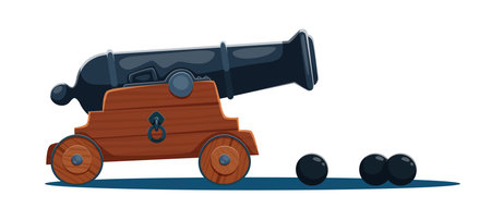 Cartoon pirate cannon weapon with a black metal barrel mounted on a wooden wheeled carriage, accompanied by cannonballs. Vector vintage artillery gun for adventure, historical battle or naval gamesのイラスト素材