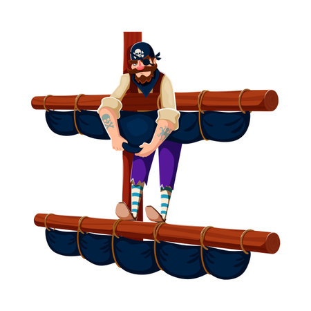 Cartoon pirate sand corsair watchman ship crew character climbing ship mast rigging with tied sails and ropes. Vector bearded sailor lookout personage leaning on wooden yardarm ready for sea adventureのイラスト素材