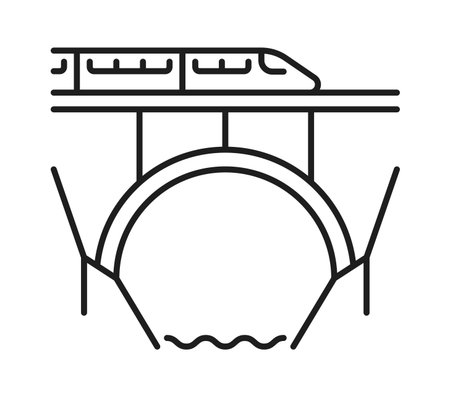 Railroad and railway icon of train or subway metro way on bridge, vector line pictogram. Railroad and railway symbol of bridge road for metro underground, tram or intercity train and railcar transportのイラスト素材