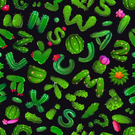 Cactus font, green succulent letters seamless pattern featuring cacti shaped abc symbols in green shades with thorns and flowers. Cartoon vector desert themed tile background with playful typographyのイラスト素材