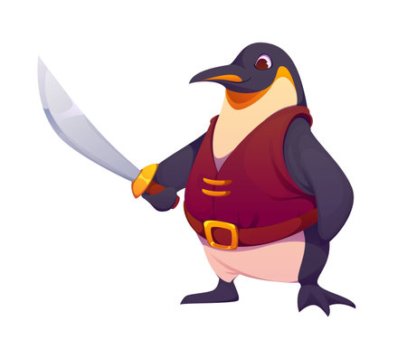 Cartoon penguin pirate corsair animal character. Isolated vector bird filibuster or rover personage wearing a red vest with a gold belt and holding a gleaming cutlass in its hand, ready for adventuresのイラスト素材