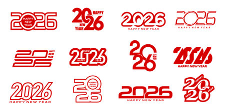 2026 Happy New Year icons, greeting cards or party invitation vector typography set with modern minimal red text and numbers. New Year and Christmas Eve winter holidays gift labels and tagsのイラスト素材
