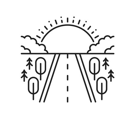 Landscape line icon, vector linear road stretching toward the horizon amidst trees and sunrise, emphasizing journey, nature, and scenic beauty. Vector black and white outline travel destinationのイラスト素材