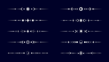 Esoteric mystic celestial divider borders vector set. Fantasy, space or magic golden lines with glowing mystical sun, crescent moon and star boho symbols. Astrology, wicca, witchcraft spiritual framesのイラスト素材