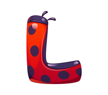 Ladybug cartoon font letter L. Red lady bug kids ABC font symbol, cute ladybird vector type letter. Spring insect cartoon typeset element or English alphabet typeface signのイラスト素材