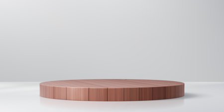 Round wooden podium stand pedestal, floor circular stage. Realistic 3d vector wood platform or showcase on white wall background, for displaying natural cosmetic products, presentation or exhibitionのイラスト素材