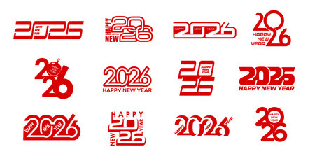 2026 Happy New Year icons with text, numbers and Christmas tree ornament. Vector typography set of Happy New Year and Christmas winter holiday symbols for greeting card, calendar or invitation coverのイラスト素材