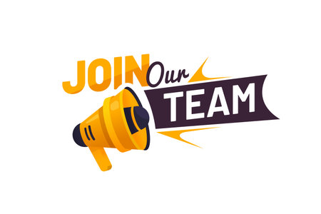 Join our team icon with yellow megaphone speaking. Work opportunity and human resources research corporate message. Vector We are hiring, job offer, Hr recruiting advertisement alert campaign promoのイラスト素材
