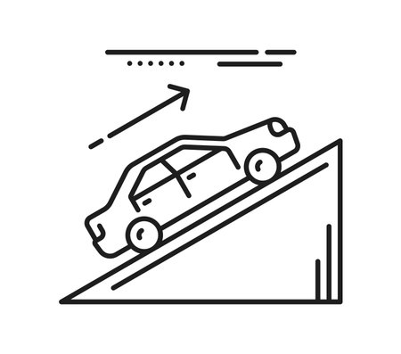 Driving school icon of vehicle uphill drive training for driver education, vector pictogram. Driving school line icon of car uphill start on traffic road for driver training and test examinationのイラスト素材