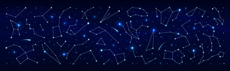 Border of blue star constellation. Night sky map, mystic astrology background. Vector pattern for astronomy, esoteric, tarot, magic and mystic horoscope. Chart of visible celestial objects positionsのイラスト素材