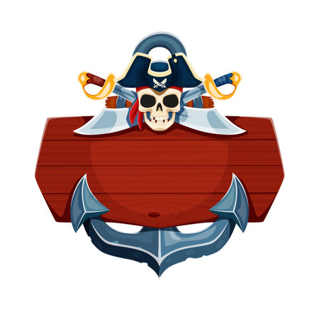 Caribbean pirates game, skull in corsair captain tricorne hat and anchor, vector cartoon icon. Caribbean pirates adventure game skeleton skull in bandana with crossed saber swords on wooden sign boardのイラスト素材
