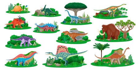 Prehistoric dinosaurs and jurassic reptiles cartoon characters. Vector dino animals and prehistoric forest trees. Cartoon cute tyrannosaurus, mammoth, spinosaurus, ankylosaurus and euhelopus dinosaursのイラスト素材