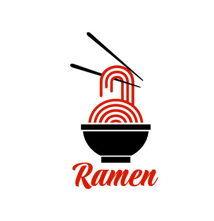 Ramen noodles icon featuring a black bowl with red swirling noodles lifted by chopsticks. Vector emblem for Japanese cuisine menu, food branding, Asian restaurants or noodle packaging labelのイラスト素材