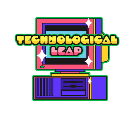 Retro PC computer Y2K groovy sticker or hippie tag. PC hardware 60s groovy vector label, retro...