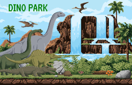 8 bit pixel art dino park landscape with dinosaurs. Retro game pixel vector scene with prehistoric Arcosushus, Doedicurus and Oxalaia, Quetzalcoatlus, Pterodactyl dinosaurs near rainforest waterfallのイラスト素材