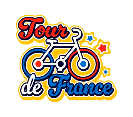 France Tour de France retro Y2K sticker or tag. France culture vintage vector label, European nation travel souvenir Y2K tag. French flag colors patch with famous bicycle race handwritten typographyのイラスト素材