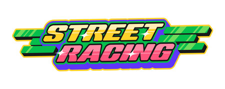 Street racing motorsport retro Y2K sticker or symbol. Drag race competition funky vector label, speed racing motorsport Y2K sticker. Car drift championship vintage tag with colorful typography textのイラスト素材