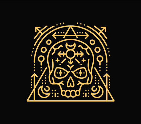 Celestial golden esoteric human skull symbol or tattoo. Golden mystic Y2K vector symbol, yellow fantasy magic tattoo. Isolated esoteric elegant print or linear celestial Boho sign with craniumのイラスト素材