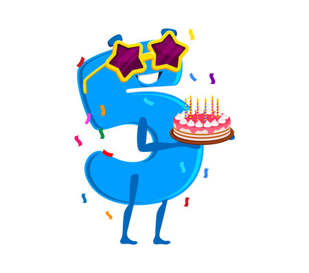 Birthday holiday celebration, cartoon math number and digit five character celebrates party with...