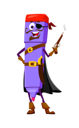 Cartoon felt tip pen education school stationery pirate and corsair crew character. Isolated vector painting tool personage, brandishing a steaming gun, exuding swashbuckling charm and adventureのイラスト素材
