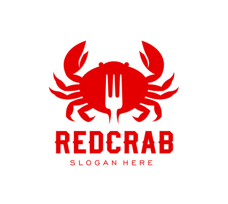 Crab seafood icon cuisine restaurant or gastro bar menu, vector sign. Crab and fork red silhouette icon for seafood kitchen or fish market and fresh product package for Mediterranean or Asian foodのイラスト素材