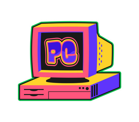 PC computer Y2K groovy sticker or funky tag. Digital device Y2K vector patch, 1990s electronics...