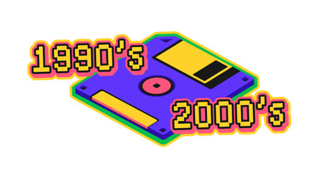 Personal computer floppy disk Y2K groovy sticker or hippie label. Vintage computer technology funky...