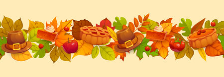 Autumn leaves Thanksgiving pie, pilgrim hat and harvest border frame. Cartoon vector horizontal banner with autumnal foliage, berries, seasonal apple fruits and vegetables for festive fall celebrationのイラスト素材