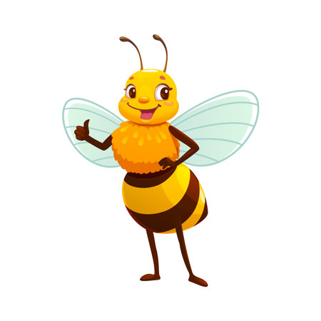 Cartoon cheerful honey bee character with thumbs up gesture and joyful happy expression. Vector adorable cute honeybee, animal insect personage featuring bright yellow and black stripes and wingsのイラスト素材