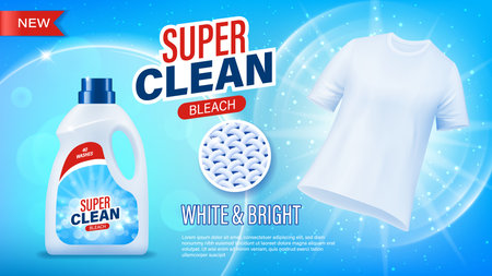 Realistic laundry detergent bottle and clean t shirt vector ad banner. 3d white plastic bottle of laundry detergent, liquid soap or stain remover bleach with clean white fiber sample and bokeh lightsのイラスト素材