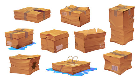 Damaged crumpled cargo delivery cardboard boxes. Broken and ripped parcel packages. Wet, damaged and crushed containers. Vector set of spoiled soaked packs showing logistics and postal shipping issuesのイラスト素材
