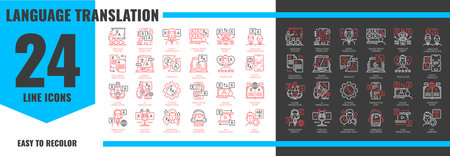 Language translation icons of English vocabulary and speech, vector pictograms. Dictionary and translate line icons for translation service app or English language online teacher for educationのイラスト素材