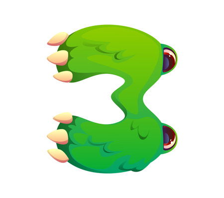 Bizarre monster character font digit 3 three. Crazy bugaboo creature kids ABC type numeral symbol, Halloween bogle personage cartoon vector font digit. Monster character alphabet typeface figureのイラスト素材