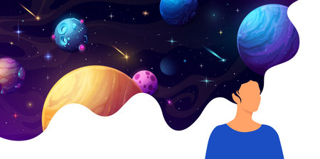 Woman with space hair and galaxy planets in starry sky, vector background. Girl or woman with hair of space or thinking about galaxy and cosmic fantasy with UFO sapceship and asteroids or cometsのイラスト素材