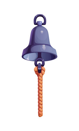 Pirate heraldry icon of ship bell or corsair boat ring signal, cartoon vector. Pirate sailboat bell with rope, heraldic icon of marine sailing equipment or corsair seafaring and nautical itemのイラスト素材