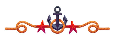 Marine and nautical divider, pirate and corsair border frame, piracy decoration with cartoon anchor wrapped in rope and flanked by red starfish. Vector decorative separator for ocean or sailing gamesのイラスト素材