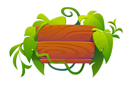 Jungle forest adventure sign. Cartoon vector wooden signboard decorated by tropical leaves and liana. Wood signpost pointer with planks and green thicket. Timber direction panel with rainforest plantsのイラスト素材