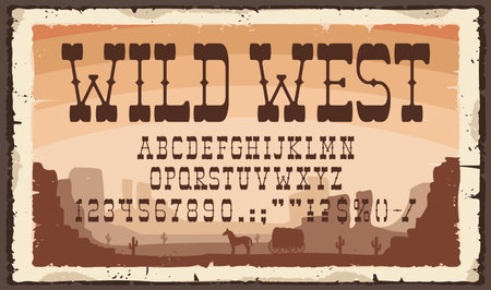 Wild west cowboy sheriff font, rodeo typeface, western type, alphabet. Vector retro uppercase typeset characters on vintage desert background with letters, wagon, horse, cactus and old paper textureのイラスト素材