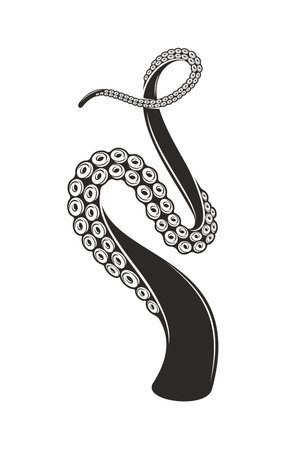 Octopus tentacles tattoo. Kraken or squid monster black and white arm curling upward with suction cups. Vector marine creature feeler wraps in swirling pattern, suggesting strength, fluidity, mysteryのイラスト素材