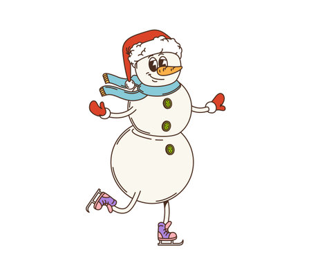 Cartoon groovy Christmas smiling snowman character with carrot nose, Santa hat, scarf and mittens, happily skating on purple ice skates on the rink. Vector retro personage embodying winter y2k spiritのイラスト素材
