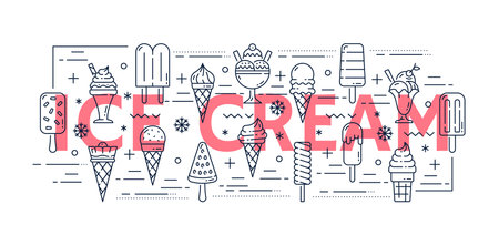 Ice cream line icons, linear signs of icecream wafer cones, scoops, sundaes, and popsicles. Vector background with variety of sweet summer dessert, minimalistic stroke symbols in pink, black and whiteのイラスト素材