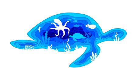 Save oceans banner, paper cut turtle silhouette with sea animals and underwater landscape, featuring coral reefs, fish shoal and octopus. 3d vector aquatic marine life inside of tortoise reptile frameのイラスト素材