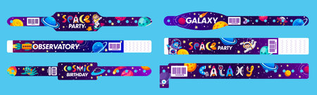 Kids space party wristband bracelets, event pass, hand bracelets for entrance, . Vector set of celestial-themed cosmic band mockups with aliens, rockets and astronauts for an interstellar experienceのイラスト素材