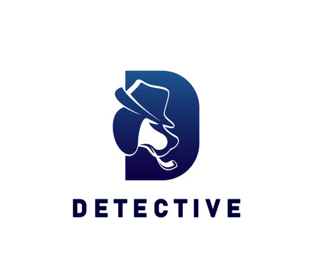Detective icon for private investigation service of dog head in hat with smoking pipe, vector emblem. Private detective agency and police inspector or secret agent icon of letter D for anonymous spyのイラスト素材